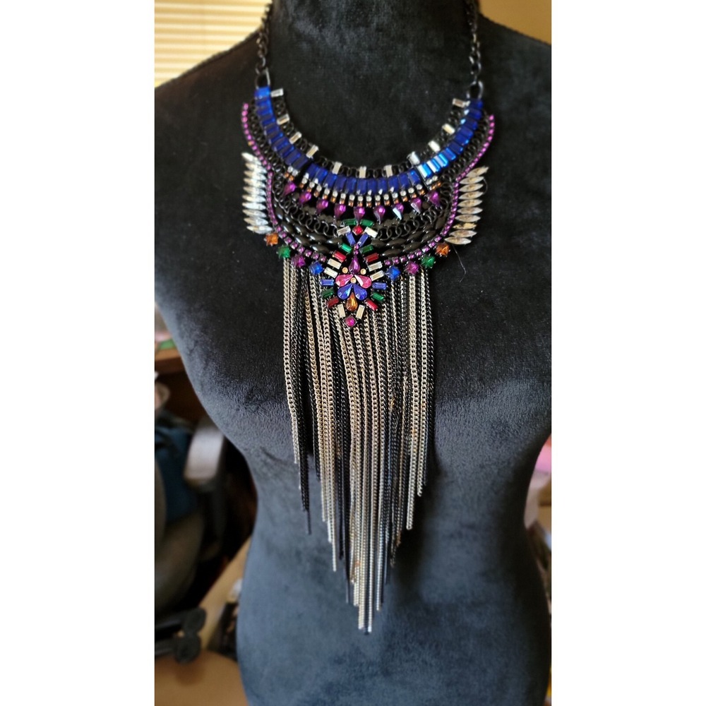 Egyptian Cascading Multicolor Rhinestone Bib Chain Fringe Statement Necklace